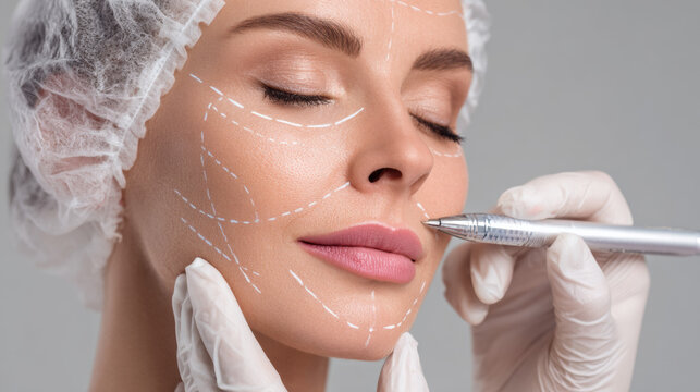 A plastic surgeon marking facial guidelines on patient skin with surgical pen.