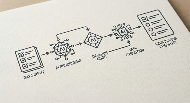 Data input ai processing decision node task execution verification checklist guide clean workflow line icon on paper for business process automation and machine learning documentation