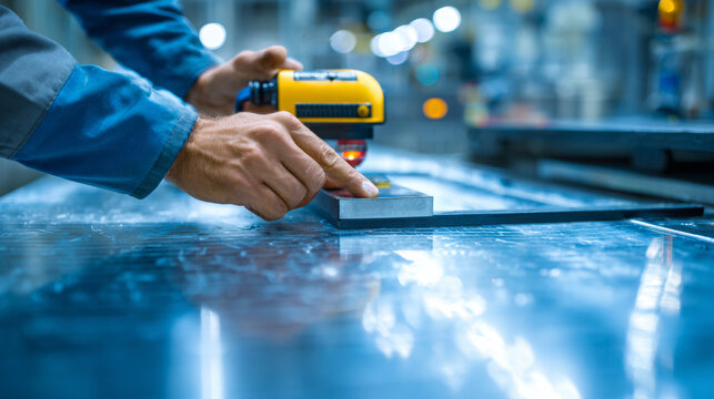 A factory quality inspector using ultrasonic thickness gauge on metal plate.