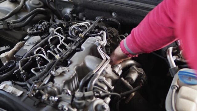 Mechanic changing old or used oil filter from car engine. Vehicle service or maintenance