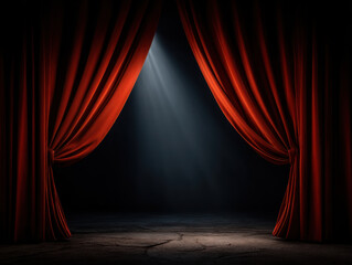 Fototapeta premium Red velvet stage curtain slightly opened revealing dark empty stage lit by single dramatic spotlight creating moody theatrical atmosphere