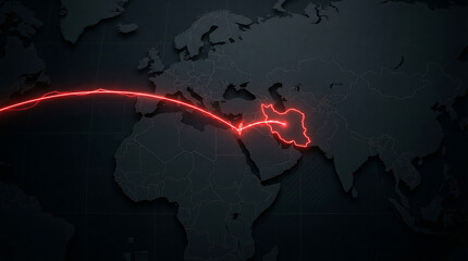 Naklejka premium Glowing red flight route across world map highlighting Middle East destination