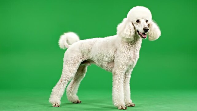 A white poodle dog standing on a green background, viewed from the side with its head turned towards the camera.