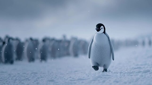 Cinematic Antarctic wildlife scene with penguin colony in distance and single penguin walking toward camera, strong isolation and depth, snowy landscape, documentary realism style video.