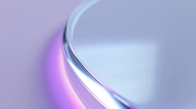 Close shot of white glossy glass surface edge with subtle purple reflection, soft gradient lighting on curved form, minimalist clean background, octane render style video.
