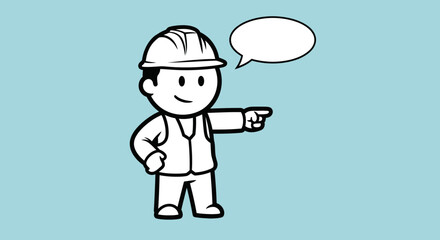 Cartoon Engineer Character Pointing with Speech Bubble.