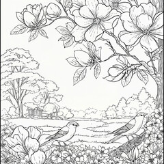 Fototapeta premium Peony & Bird Line Art Frame Illustration