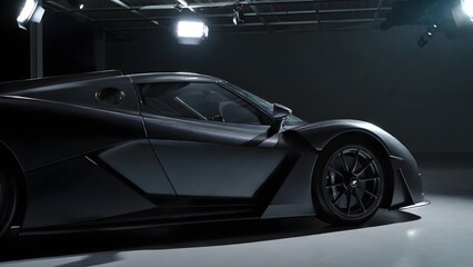 Fototapeta premium Sleek modern hypercar with aggressive aerodynamic lines showcased in a dark studio setting