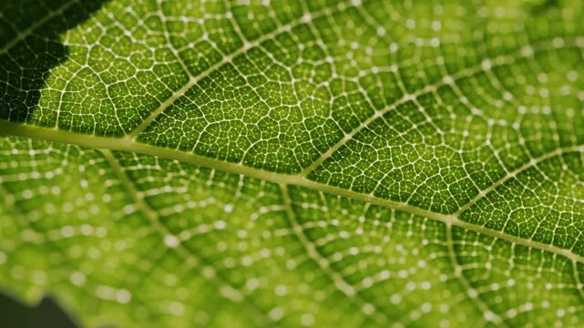 A detailed close-up view of a green leaf's intricate venation pattern in natural sunlight from a directly overhead viewpoint