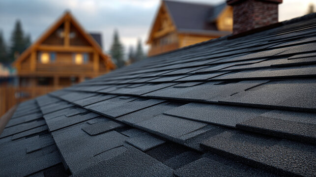 Asphalt shingle roof close up showing textured black composite roofing detail with blurred wooden cabin houses and pine trees in background at dusk, moody and crisp architectural scene