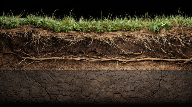 Grass root cross section soil layers with visible roots and topsoil showing grass and clover, earthy texture and cracked subsoil in horizontal composition conveying natural growth and resilience