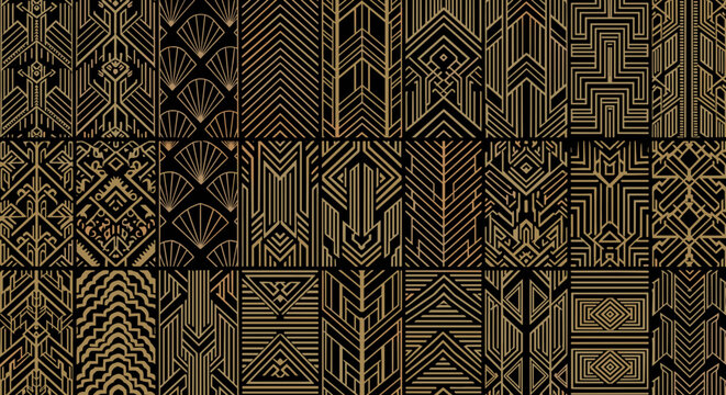 Set of geometric patterned tiles with intricate gold and black designs