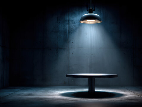 Dim interrogation room with single overhead lamp casting dramatic beam of light onto round metal table, concrete walls and floor create moody suspense and empty minimalist scene