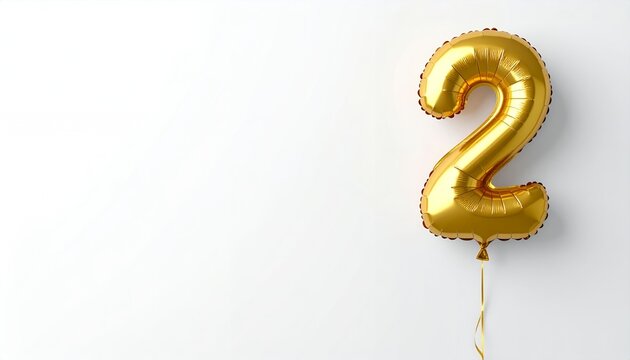 흰색 배경에 매달린 황금색 숫자 '2' 모양 풍선, 기념일, 생일, 축하, 이벤트, 파티, 긍정적인 분위기