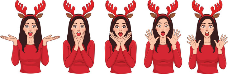 Young woman wearing reindeer antlers showing surprised expressions, Christmas holiday emotion illustration isolated on white background design © MdAnoar