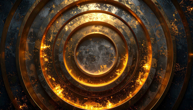 錆びた質感と金の炎が燃える同心円