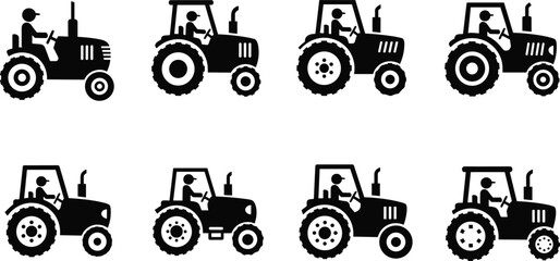 Tractor silhouette set with farmer driver in various agricultural vehicle poses isolated on white background © Monteza