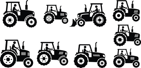 Tractor silhouette set with farmer driving agricultural machinery vector collection isolated on white © Monteza