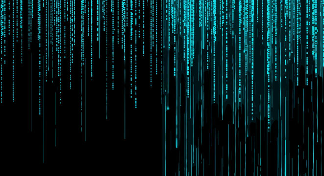 Digital rain of binary code falling in a dark cyber environment