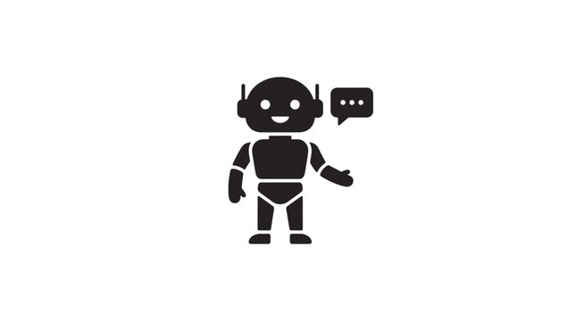 Black silhouette of a friendly robot AI assistant with a speech bubble, representing artificial intelligence, chatbots, customer service, and futuristic technology.