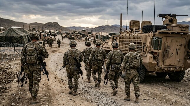 US Soldiers on Patrol in War Zone &ndash; Military Operation Desert Landscape Afghanistan Conflict Scene