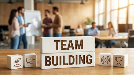 Fototapeta premium Team building concept wooden blocks with inscription team building and icons on table in modern office