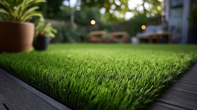 Lush artificial grass lawn with close up blades, patio edge and potted plants creating cozy outdoor atmosphere at dusk