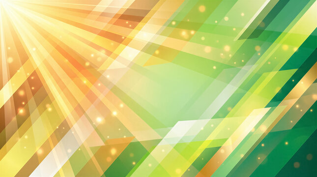 Abstract geometric background with bright yellow sun rays and green, orange, and white overlapping shapes