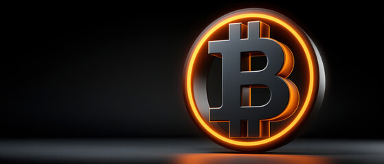 Obraz premium Glowing orange coin symbol on dark background, illuminated metallic cryptocurrency emblem with reflective surface and dramatic shadow, minimalist modern finance concept