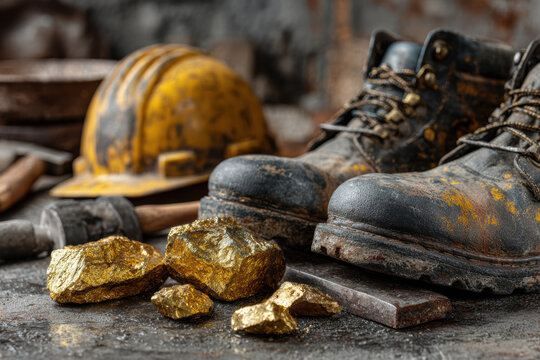Safety gear and tools beside golden ore chunks, mining, prep scene for industrial labor 