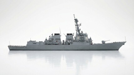 Obraz premium A naval warship is positioned on calm waters, viewed from the side, showcasing its advanced weaponry and radar systems in a serene environment