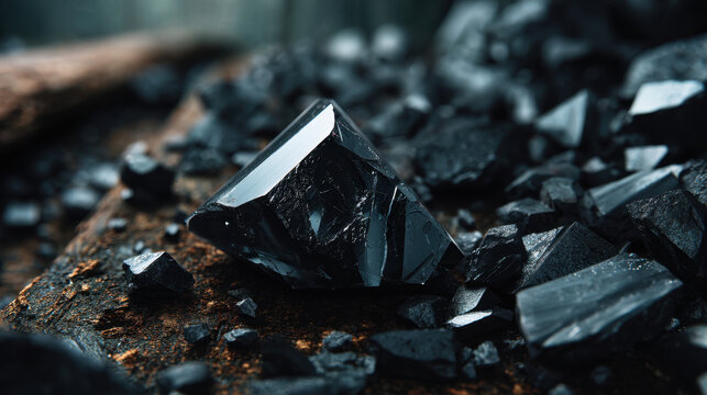 Black obsidian shard on rustic wood with scattered glass fragments and textured stones creating moody contrast and protective energy