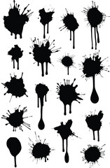 Collection of various black ink splatter silhouettes, paint drips, blots and abstract splash shapes isolated on white background for design elements vector illustration.