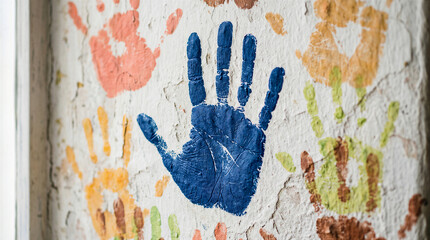 Colorful handprints on a textured wall, with a vibrant blue handprint prominently displayed in the center