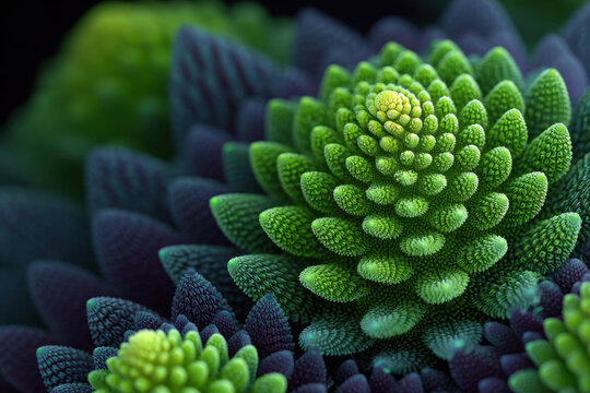 Vibrant green fractal succulent with spiraling rosette pattern, macro texture and intricate natural geometry evoking serene botanical symmetry