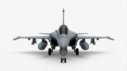 Fototapeta premium Fighter jet standing ready on the tarmac, viewed from directly ahead on a white runway