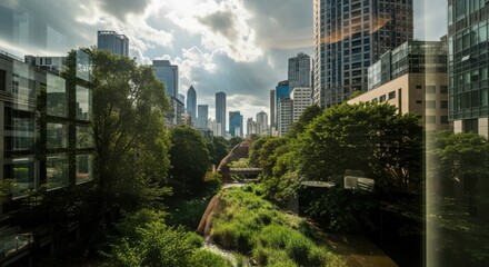 A green roof garden in the middle of a bustling city