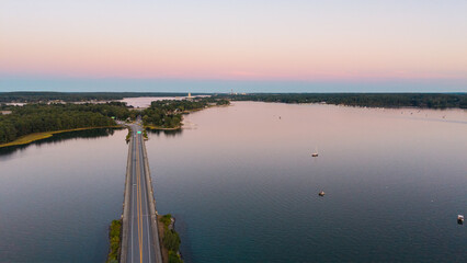 Sunset aerial View of the Great Bay at the Scammell Bridge in New Hampshire