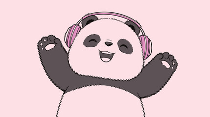 A panda smiles while wearing pink headphones and shows its joy. The background is light pink and adds to the fun scene. © hakule