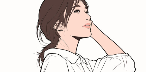 A woman stands with her hand touching her hair. She looks to the side with a gentle expression and simple lines defining her features. © hakule