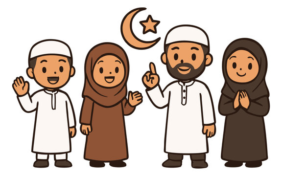 Illustration of a Happy Muslim Family in Islamic Clothing