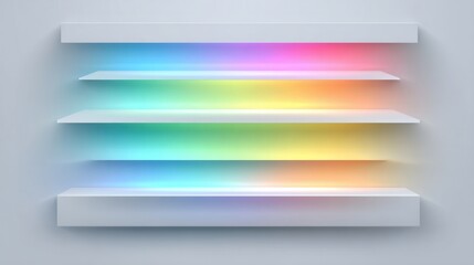 Puste białe półki ścienne z kolorowym podświetleniem LED, idealne do prezentacji produktów lub tła.