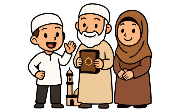 Illustration of a Happy Muslim Family in Islamic Clothing