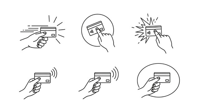 Contactless payment icons with credit card and hand tap pay wave, vector wireless NFC and contactless pay pass symbols set