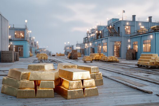 Metal refining factory exterior with gold shipment crates, gold, supply chain logistics concept 