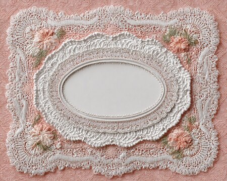 ピンク色の背景に繊細な白いレースの縁取りと美しいバラの刺繍が施されたヴィンテージ風のオーバルフレームのデザイン。エレガントなメッセージカードや結婚式の招待状、記念日のフォトフレームに最適なロマンチックでクラシックな背景素材です。