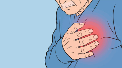 An elderly man holds his chest in discomfort, showing signs of pain. He wears a blue sweater and has a serious expression on his face.