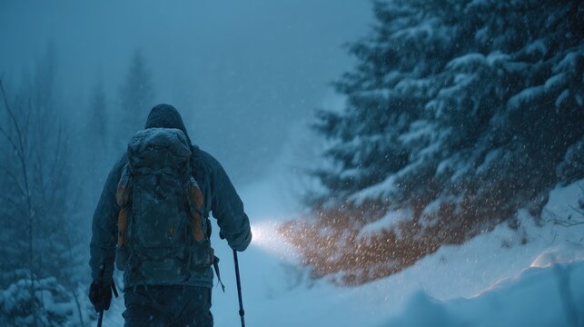 Hiker exploring snowy forest at night