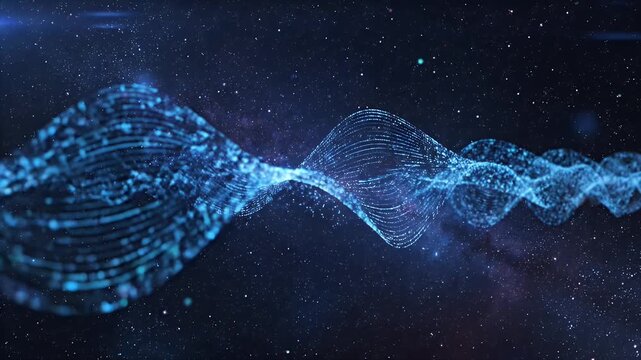 Abstract Blue Digital Waveform Data Visualization Flowing Through Space.