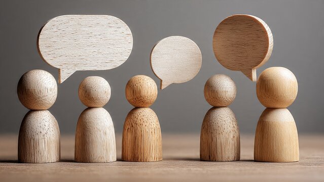 Group of Minimal Wooden Figures with Speech Bubbles on Wooden Table, Concept of Business Communication, Team Brainstorming, Social Media Interaction and Feedback